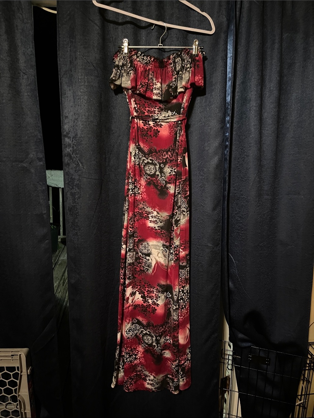 Off-Shoulder Red Floral Print Maxi Dress